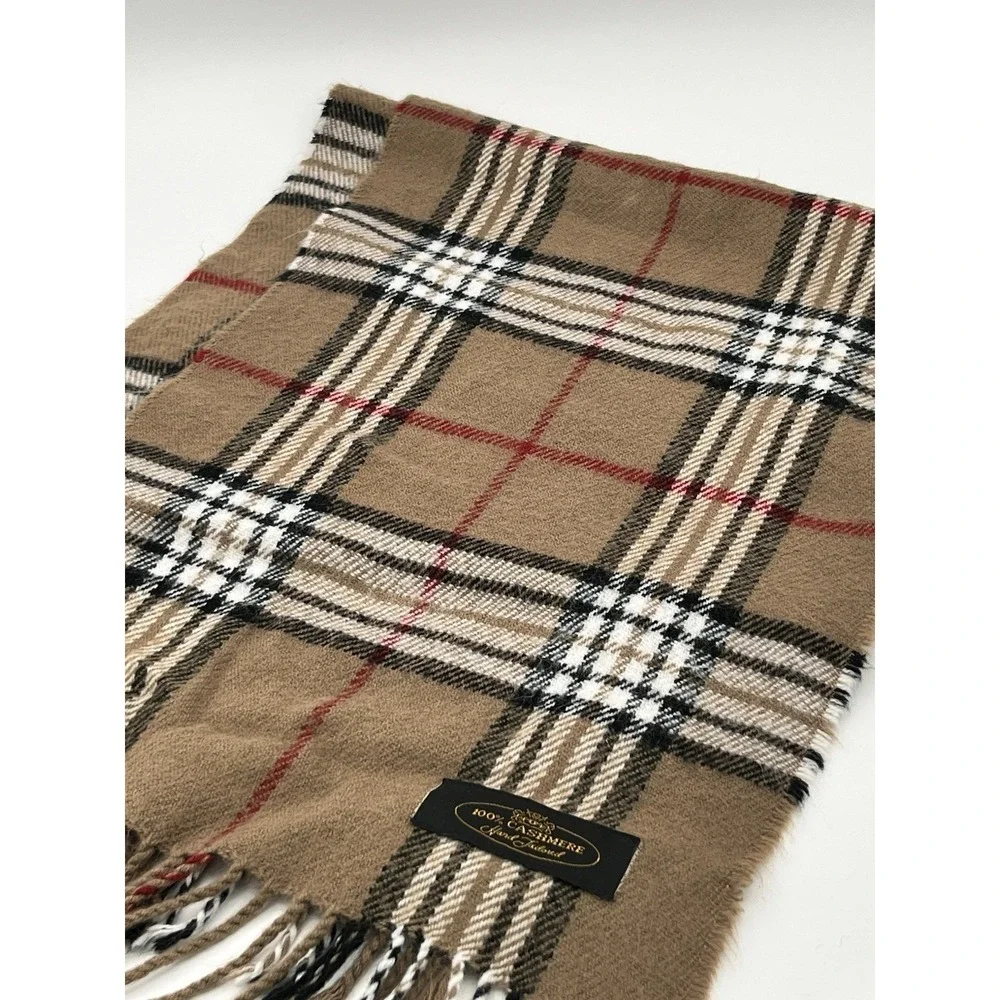 100% Cashmere Scarf Beige Check Plaid Long Rectangular Unisex Winter Luxury